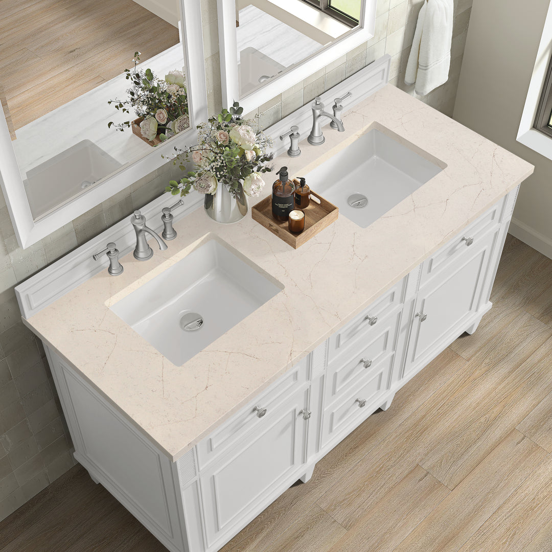 Lorelai 60" Double Vanity, Bright White w/ 3 CM Eternal Marfil Silestone Top
