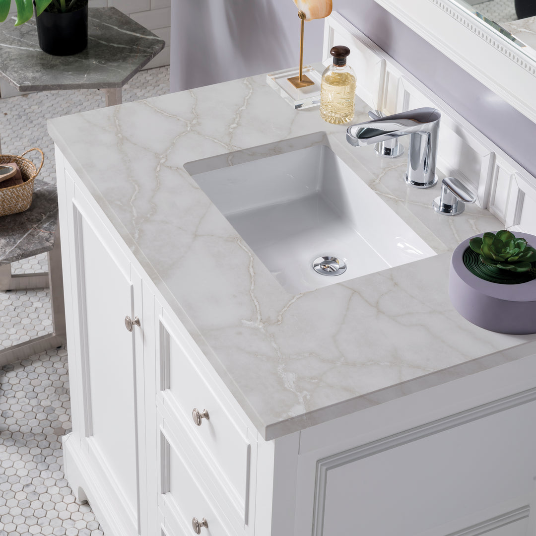 De Soto 36" Single Vanity, Bright White w/ 3 CM Victorian Silver Silestone Top