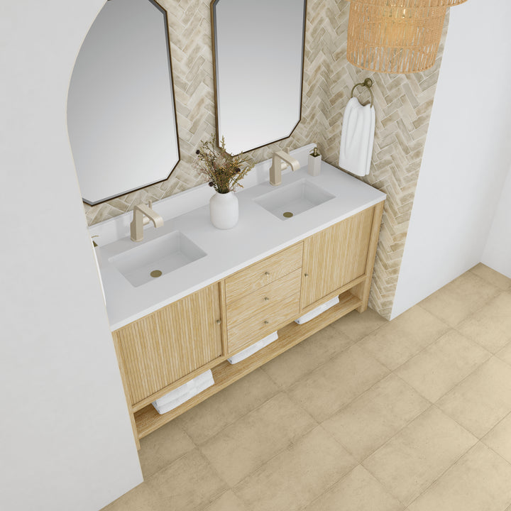 Marigot 72" Double Vanity, Sunwashed Oak w/ Hole 3 CM White Zeus Silestone Top & Backsplash