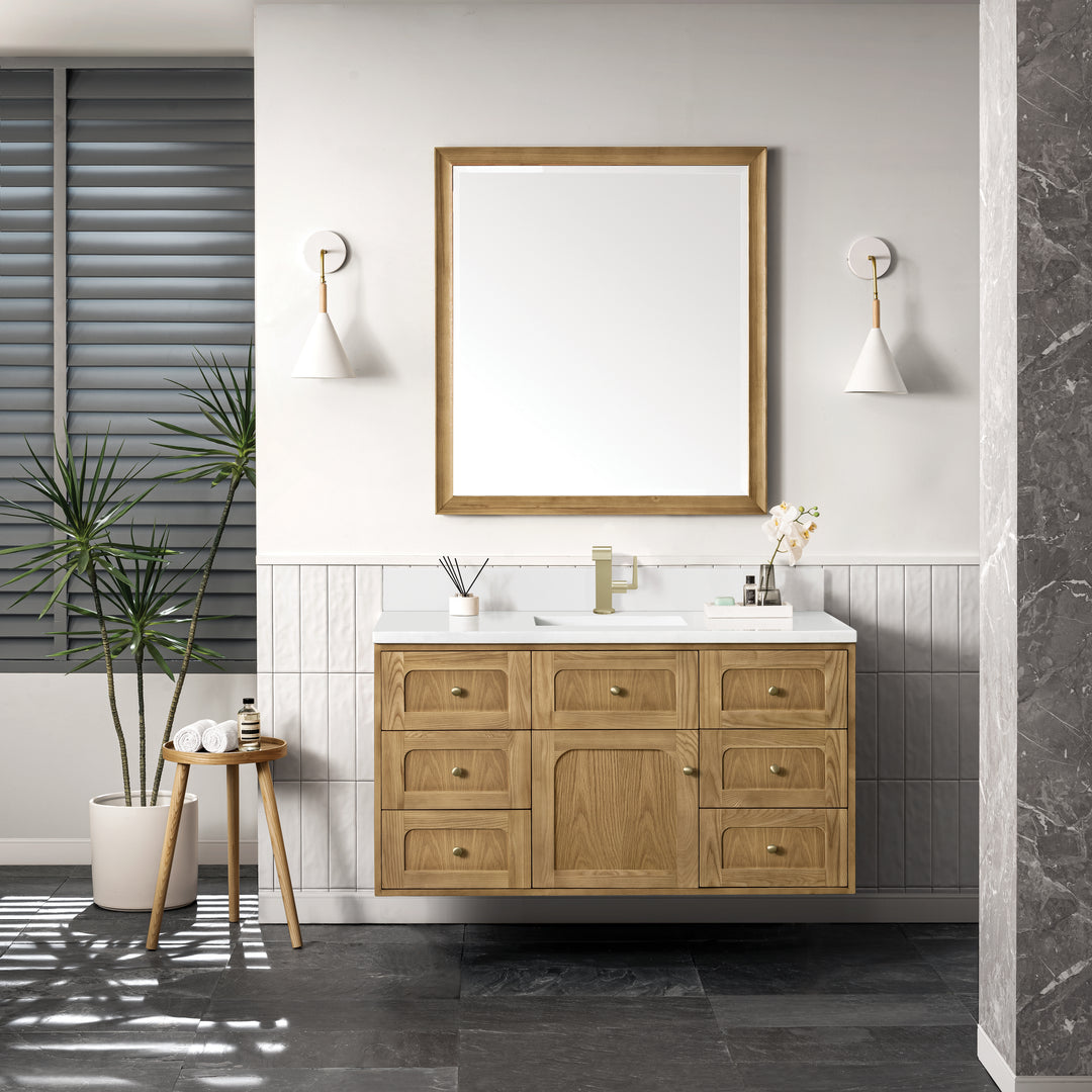 Laurent 48" Single Vanity, Light Natural Oak w/ Single Hole 3 CM White Zeus Top & Backsplash