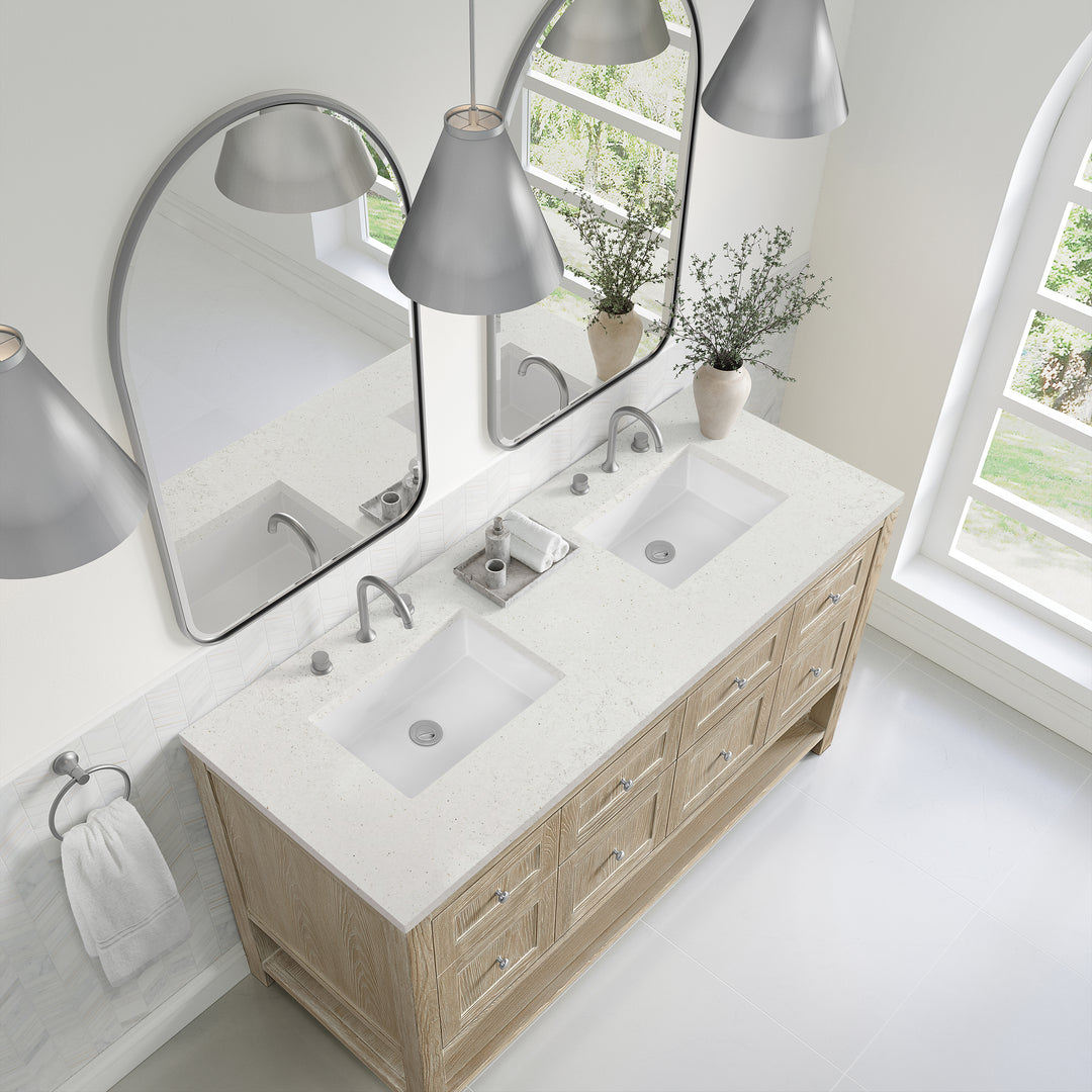 Breckenridge 60" Double Vanity, Whitewashed Oak, w/ 3 CM Lime Delight Quartz Top