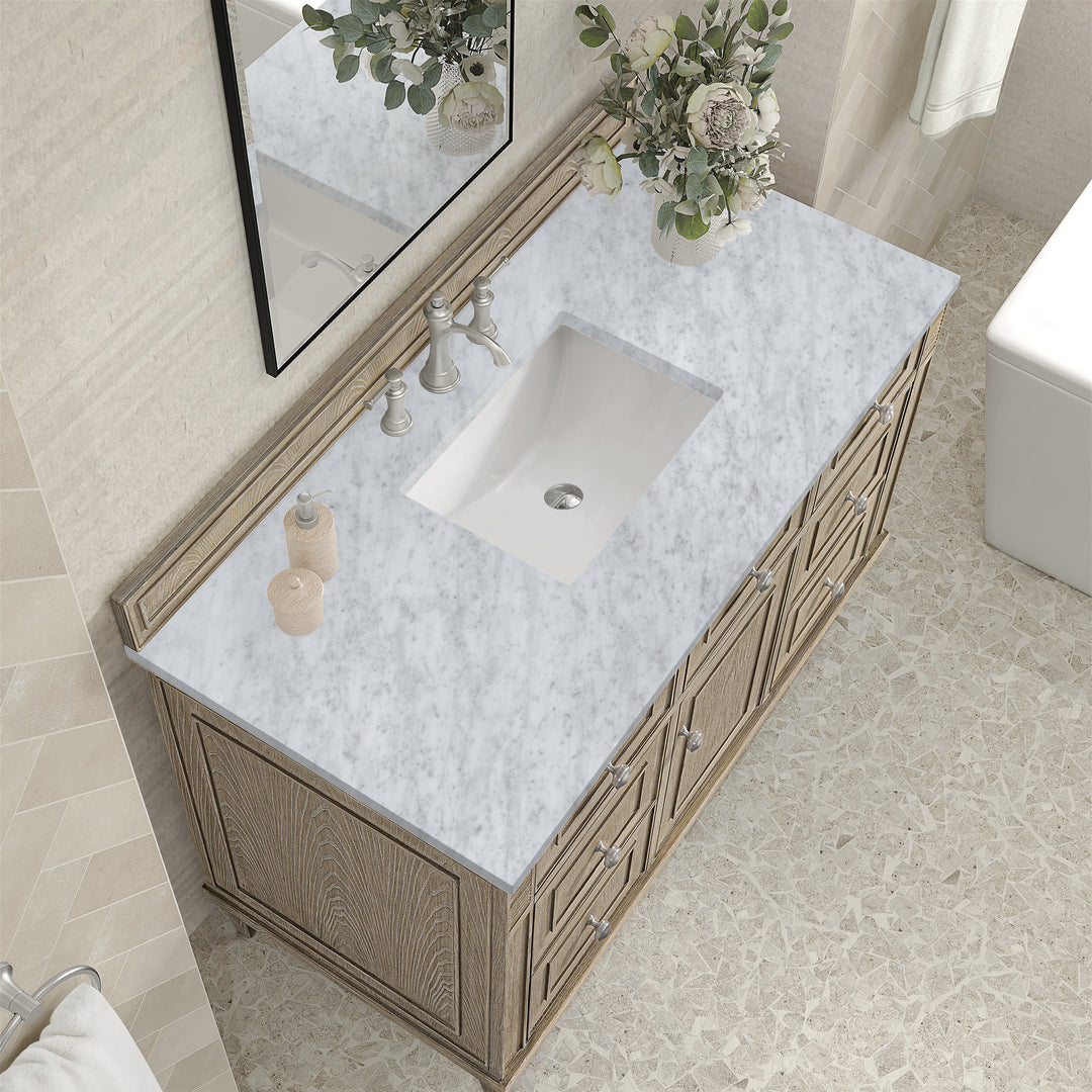 Lorelai 48" Single Vanity, Whitewashed Oak w/ 3 CM Carrara White Marble Top