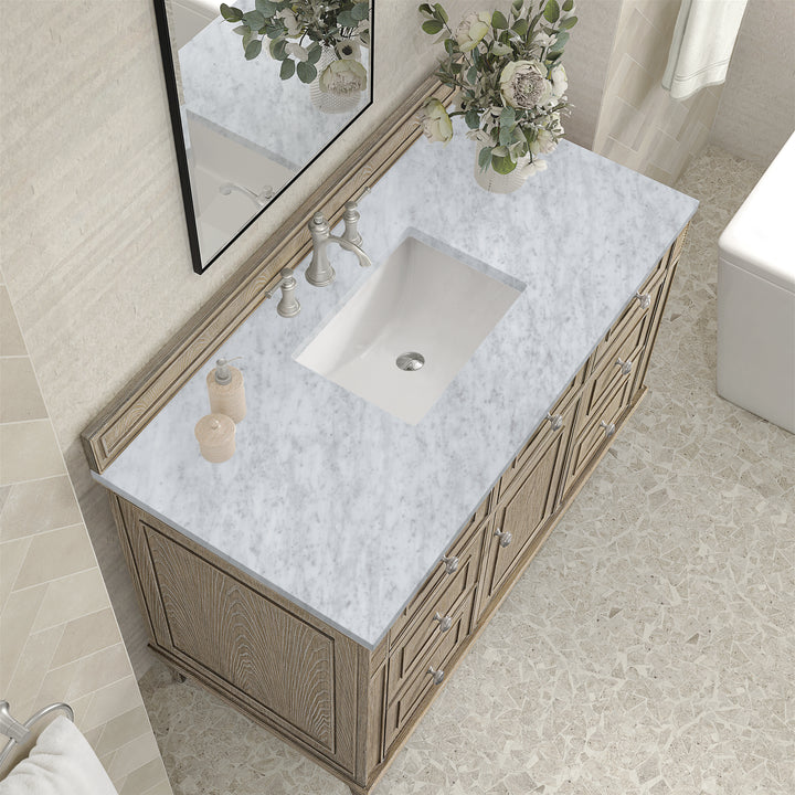 Lorelai 48" Single Vanity, Whitewashed Oak w/ 3 CM Carrara White Marble Top