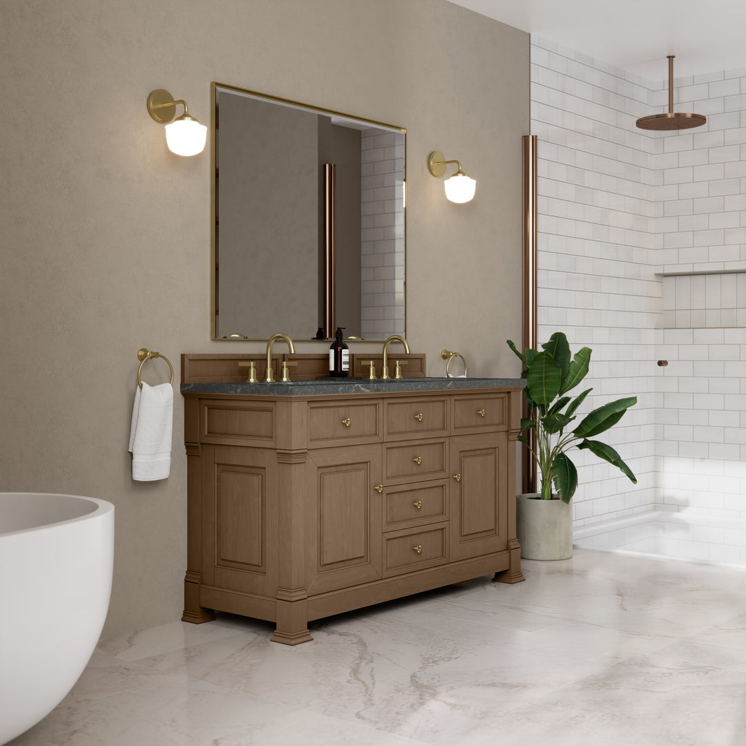 Brookfield 60" Double Vanity, Pecan w/ 3 CM Parisien Bleu Silestone® Top