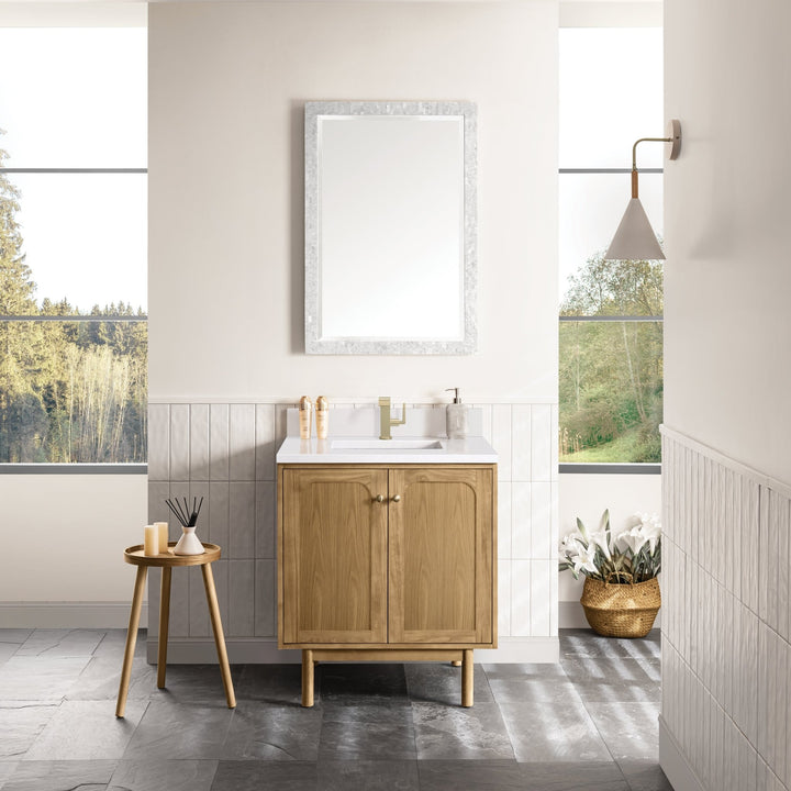 Laurent 30" Single Vanity, Light Natural Oak w/ Single Hole 3 CM White Zeus Top & Backsplash