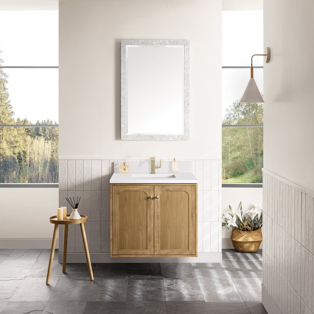 Laurent 30" Single Vanity, Light Natural Oak w/ Single Hole 3 CM White Zeus Top & Backsplash
