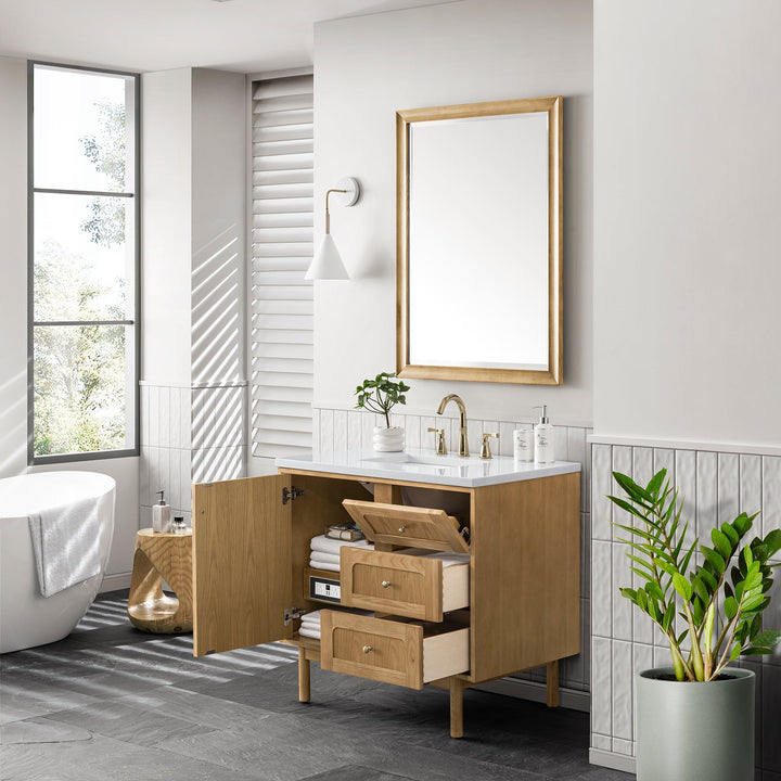 Laurent 36" Single Vanity, Light Natural Oak w/ 3 CM Arctic Fall Top