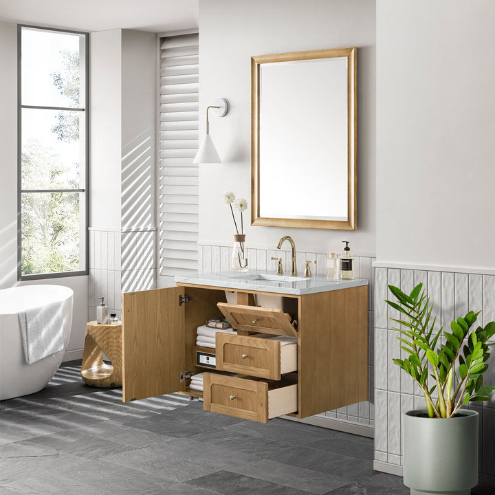 Laurent 36" Single Vanity, Light Natural Oak w/ 3 CM Ethereal Noctis Top