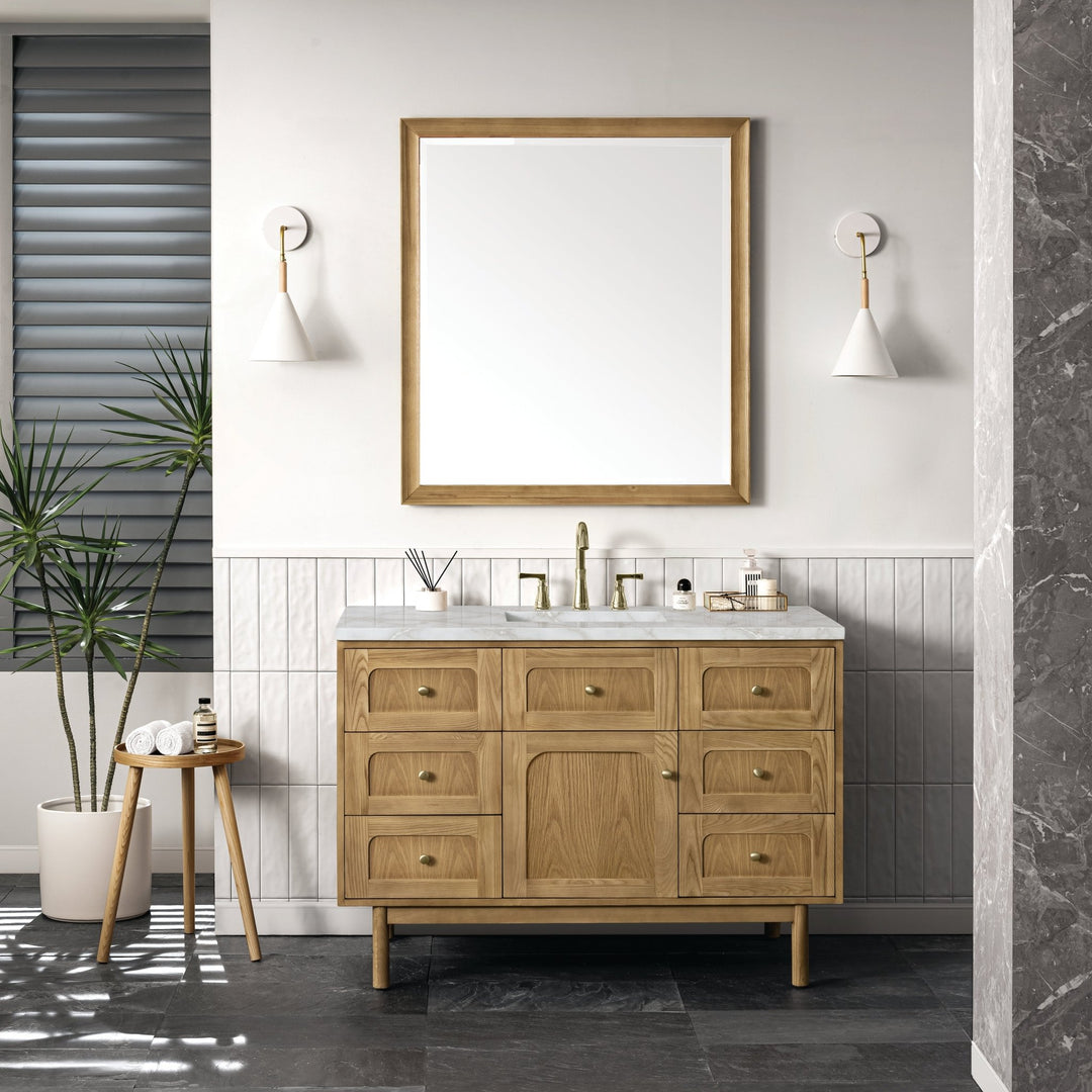 Laurent 48" Single Vanity, Light Natural Oak w/ 3 CM Victorian Silver Top w/FreePower Wireless Charger