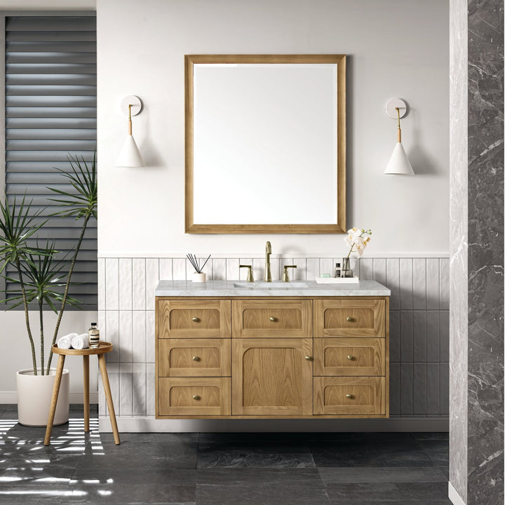 Laurent 48" Single Vanity, Light Natural Oak w/ 3 CM Victorian Silver Top w/FreePower Wireless Charger