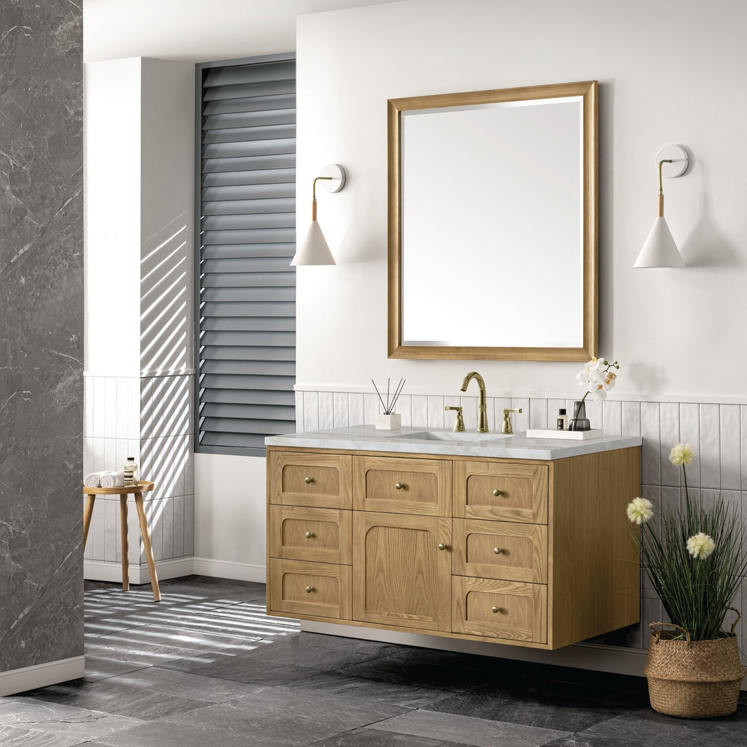 Laurent 48" Single Vanity, Light Natural Oak w/ 3 CM Victorian Silver Top w/FreePower Wireless Charger