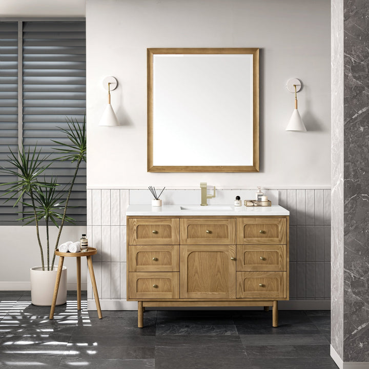 Laurent 48" Single Vanity, Light Natural Oak w/ Single Hole 3 CM White Zeus Top & Backsplash