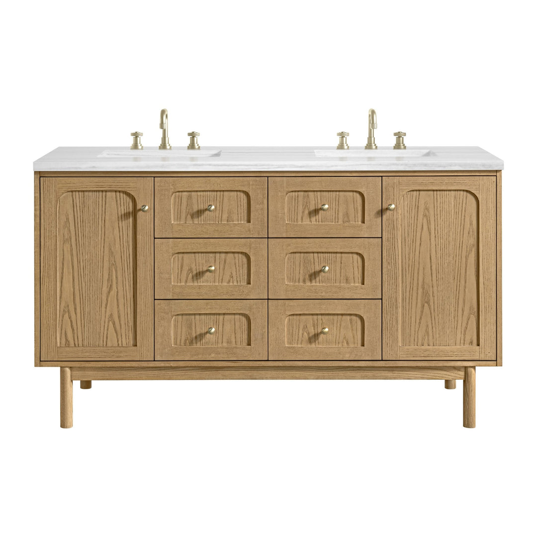Laurent 60" Double Vanity, Light Natural Oak, w/ 3 CM Arctic Fall Solid Surface Top