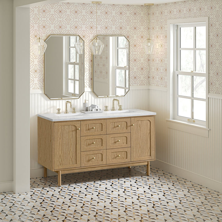 Laurent 60" Double Vanity, Light Natural Oak, w/ 3 CM Arctic Fall Solid Surface Top