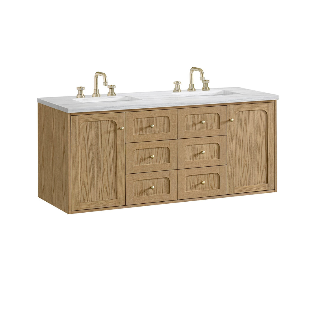 Laurent 60" Double Vanity, Light Natural Oak, w/ 3 CM Arctic Fall Solid Surface Top