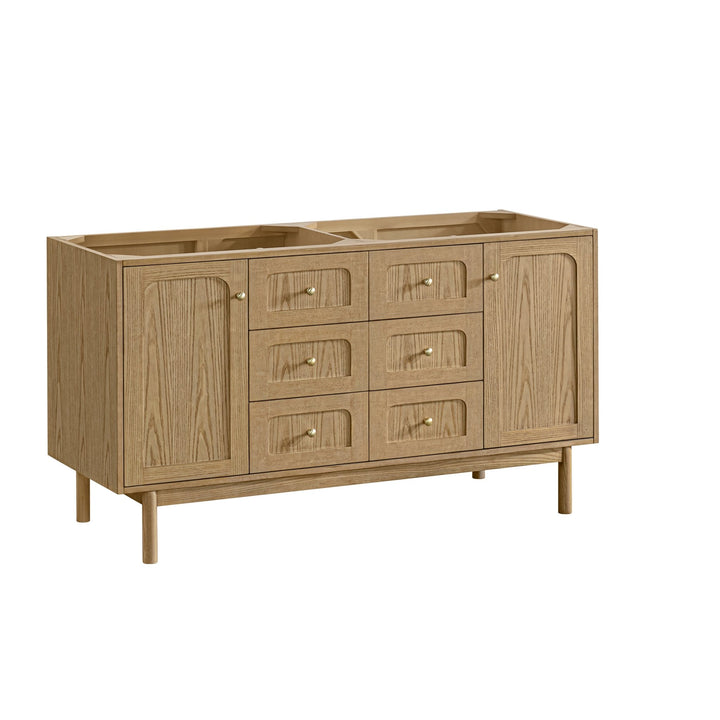 Laurent 60" Double Vanity, Light Natural Oak, w/ 3 CM Arctic Fall Solid Surface Top