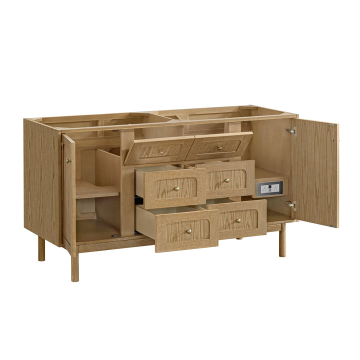 Laurent 60" Double Vanity, Light Natural Oak, w/ 3 CM Arctic Fall Solid Surface Top