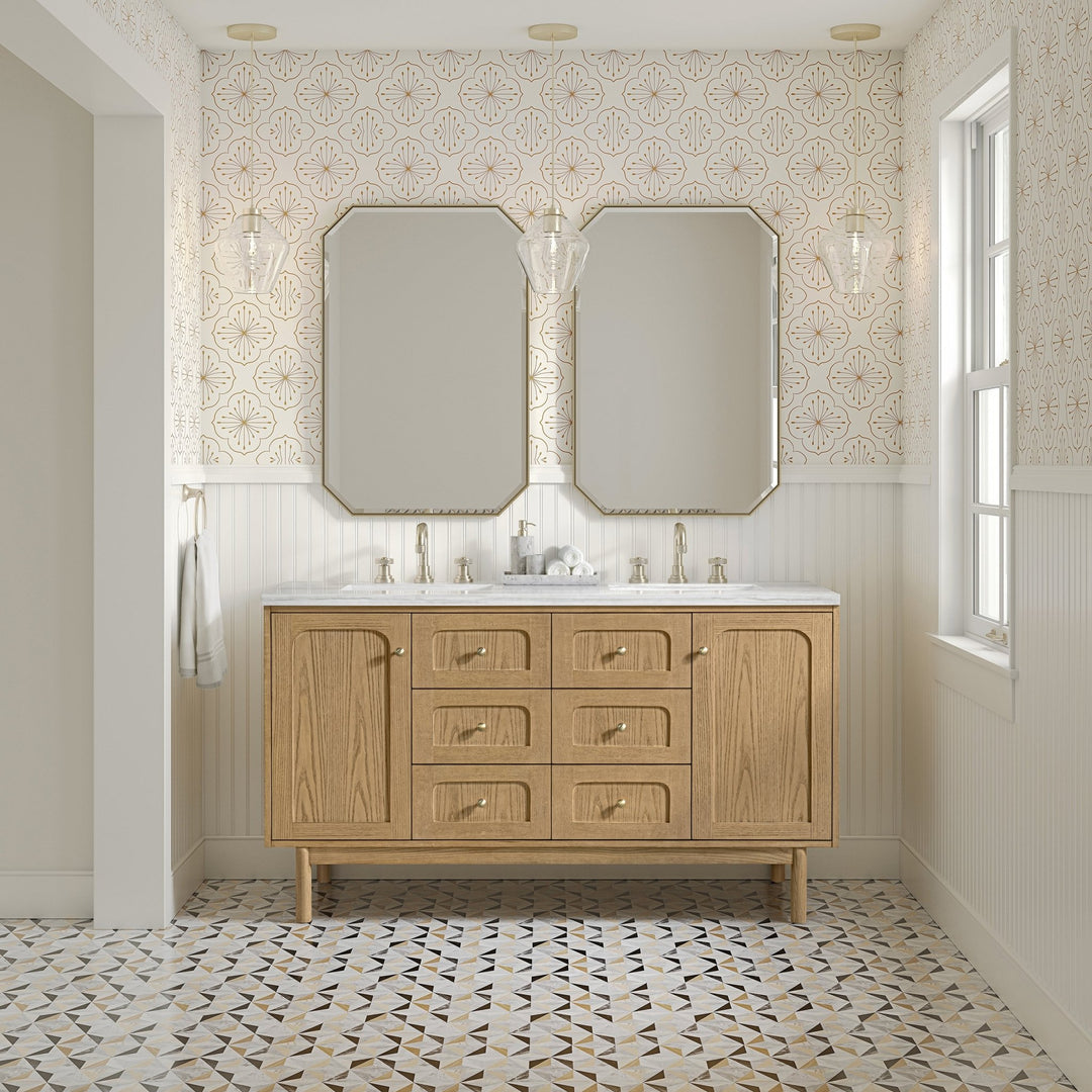 Laurent 60" Double Vanity, Light Natural Oak, w/ 3 CM Arctic Fall Solid Surface Top