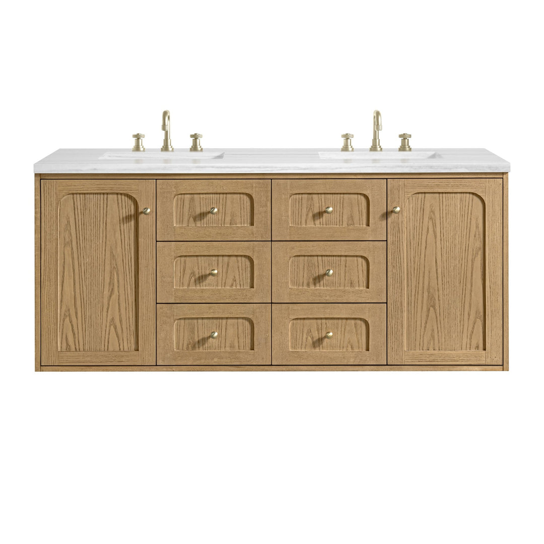 Laurent 60" Double Vanity, Light Natural Oak, w/ 3 CM Arctic Fall Solid Surface Top