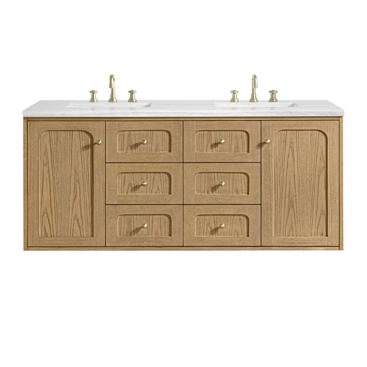 Laurent 60" Double Vanity, Light Natural Oak, w/ 3 CM Arctic Fall Solid Surface Top
