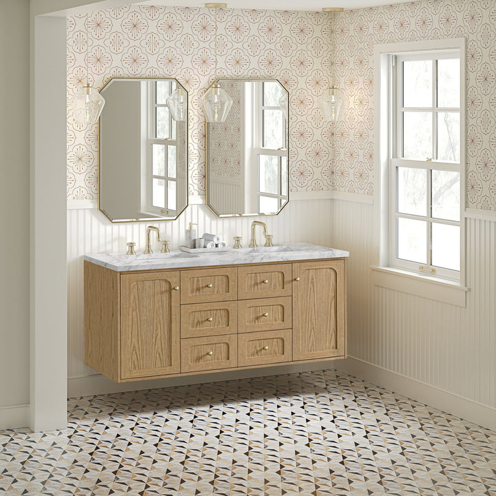 Laurent 60" Double Vanity, Light Natural Oak, w/ 3 CM Carrara Marble Top