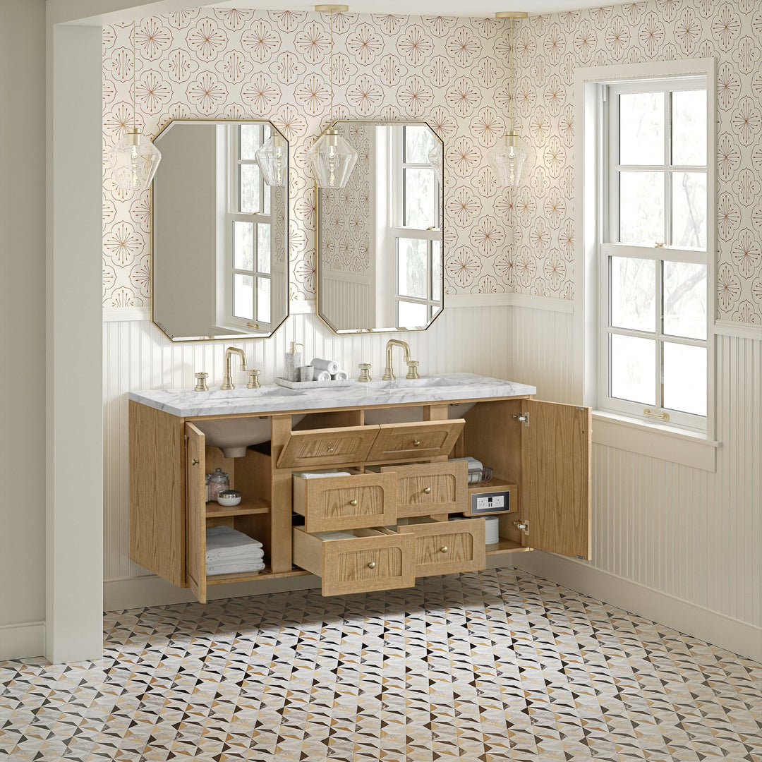 Laurent 60" Double Vanity, Light Natural Oak, w/ 3 CM Carrara Marble Top