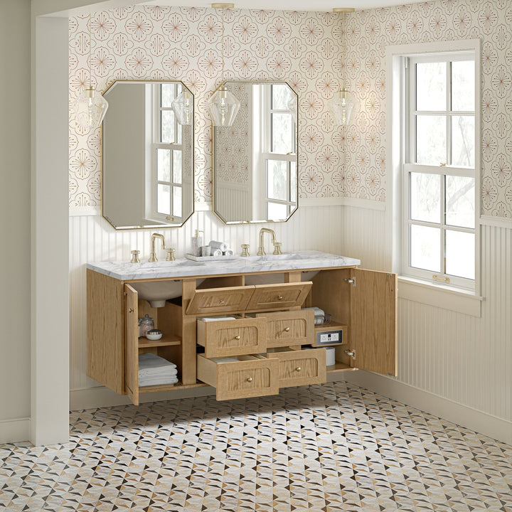 Laurent 60" Double Vanity, Light Natural Oak, w/ 3 CM Carrara Marble Top