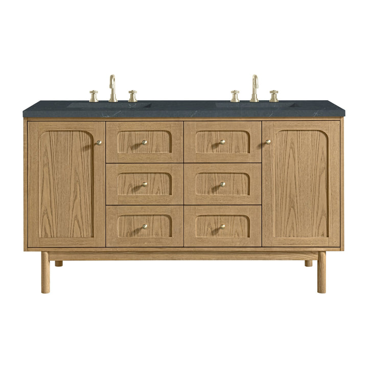 Laurent 60" Double Vanity, Light Natural Oak, w/ 3 CM Charcoal Soapstone Quartz Top