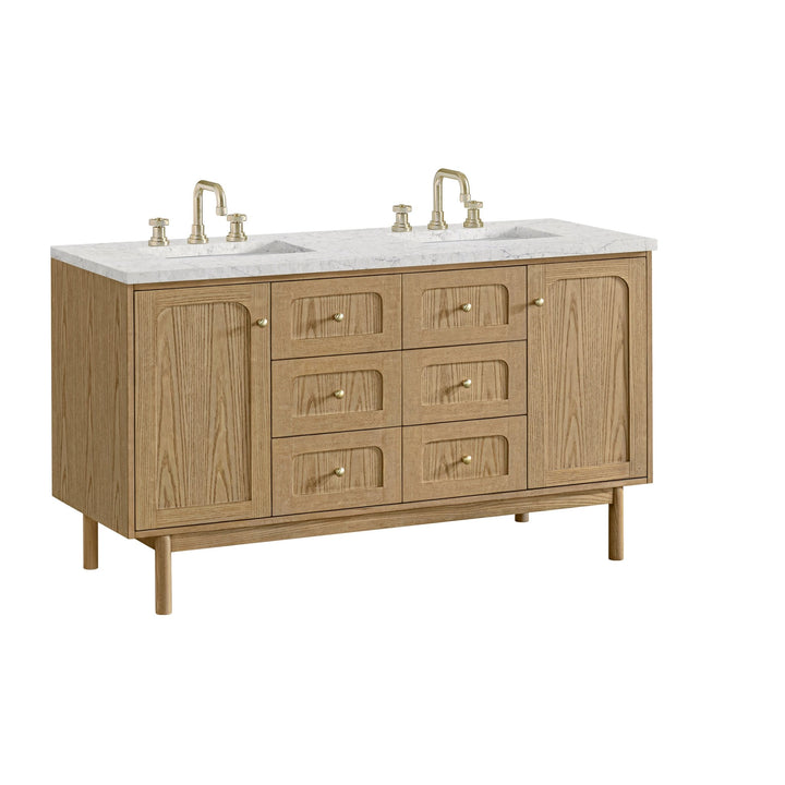 Laurent 60" Double Vanity, Light Natural Oak, w/ 3 CM Eternal Jasmine Pearl Quartz Top