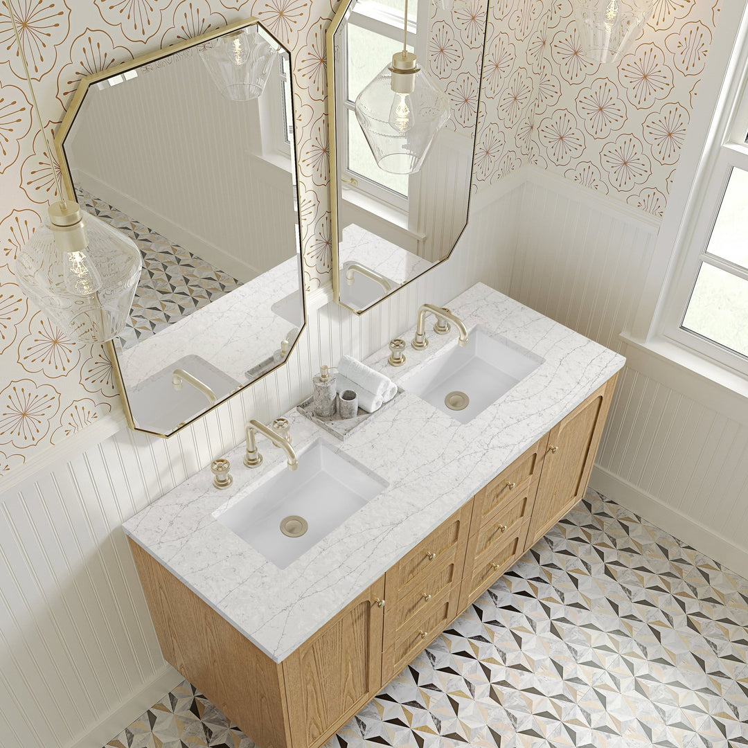 Laurent 60" Double Vanity, Light Natural Oak, w/ 3 CM Eternal Jasmine Pearl Quartz Top