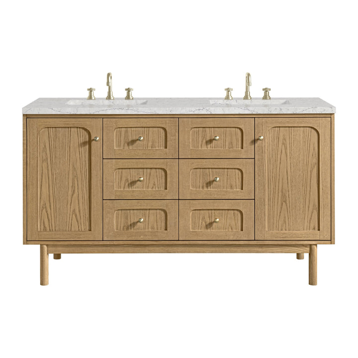 Laurent 60" Double Vanity, Light Natural Oak, w/ 3 CM Eternal Jasmine Pearl Quartz Top w/FreePower Wireless Charger