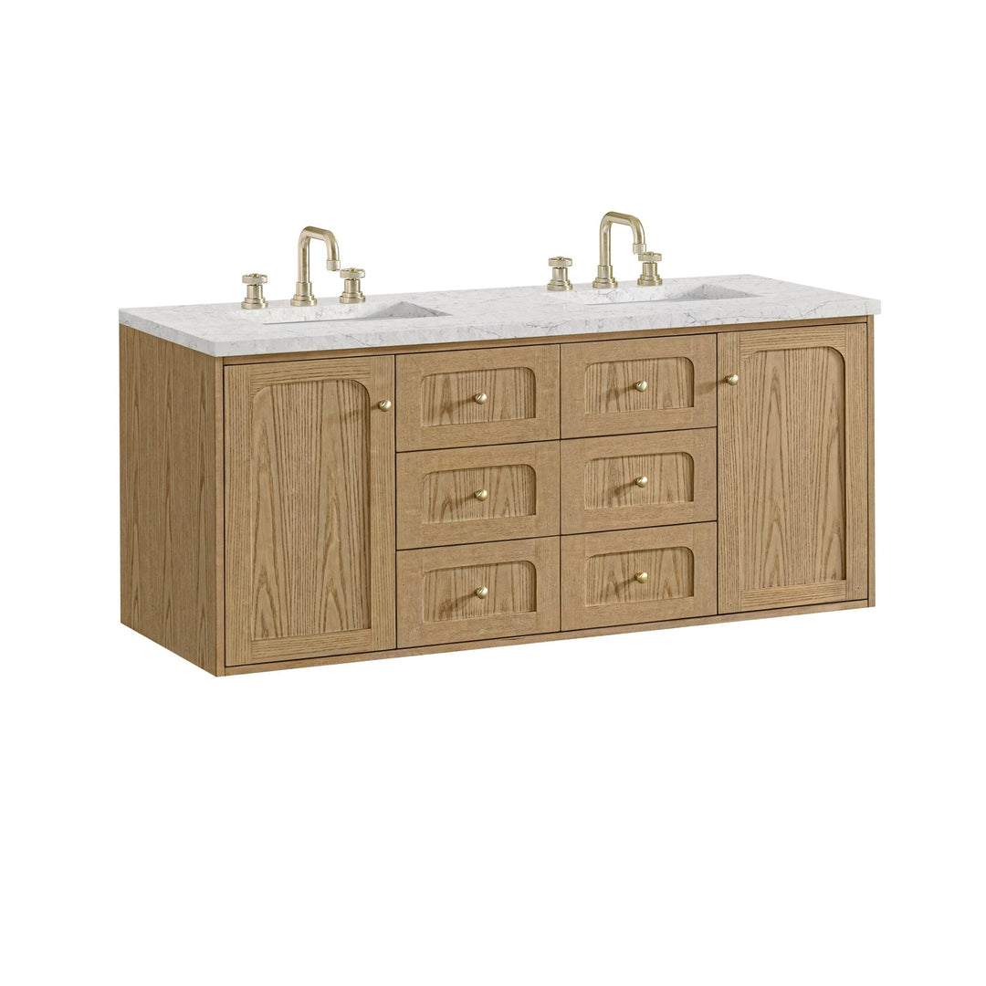 Laurent 60" Double Vanity, Light Natural Oak, w/ 3 CM Eternal Jasmine Pearl Quartz Top w/FreePower Wireless Charger