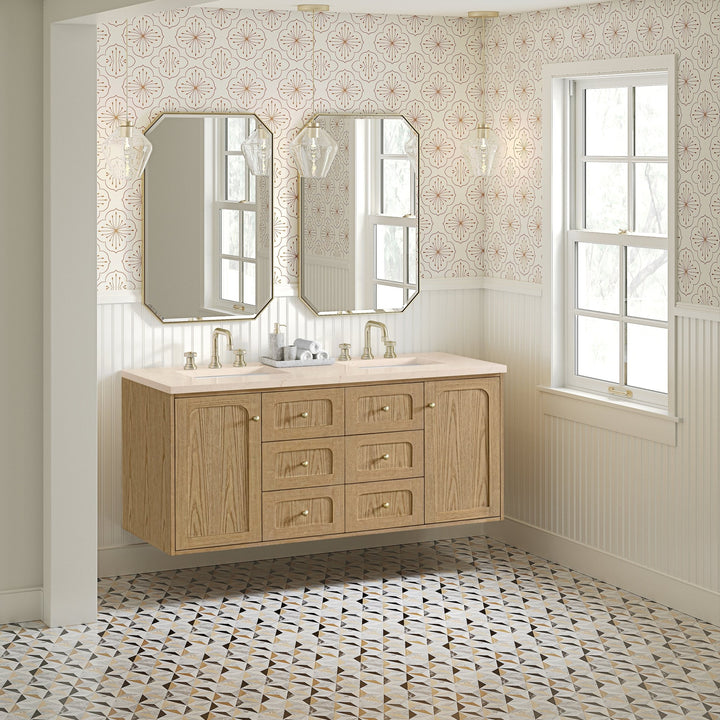 Laurent 60" Double Vanity, Light Natural Oak, w/ 3 CM Eternal Marfil Quartz Top