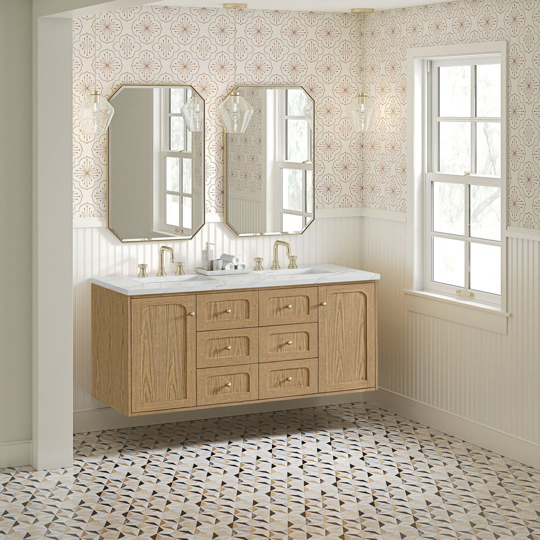 Laurent 60" Double Vanity, Light Natural Oak, w/ 3 CM Ethereal Noctis Quartz Top