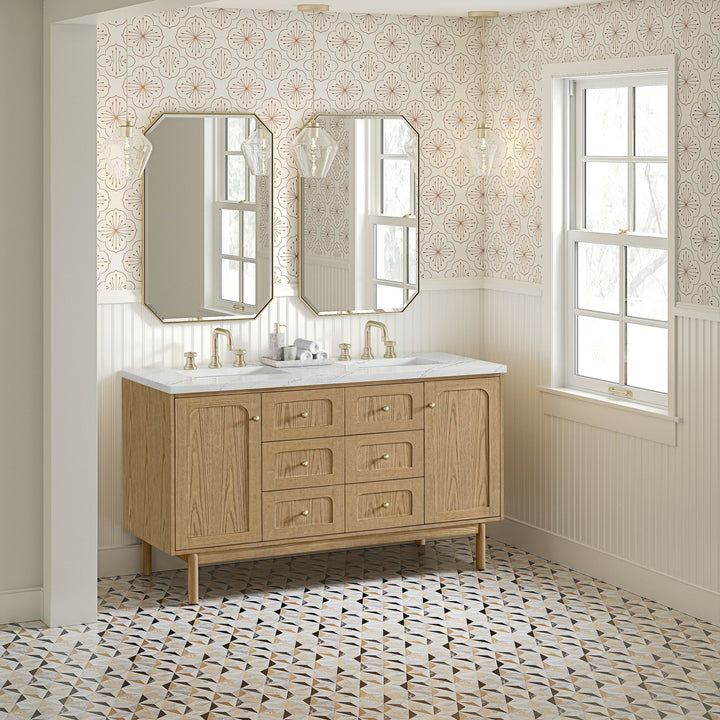 Laurent 60" Double Vanity, Light Natural Oak, w/ 3 CM Ethereal Noctis Quartz Top