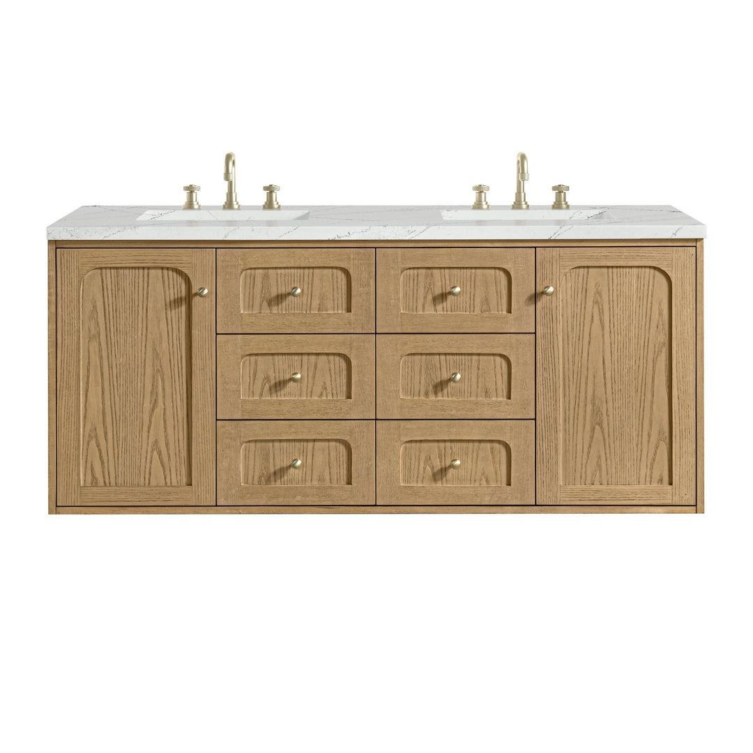 Laurent 60" Double Vanity, Light Natural Oak, w/ 3 CM Ethereal Noctis Quartz Top w/FreePower Wireless Charger
