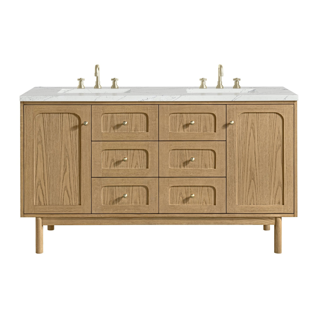 Laurent 60" Double Vanity, Light Natural Oak, w/ 3 CM Ethereal Noctis Quartz Top w/FreePower Wireless Charger