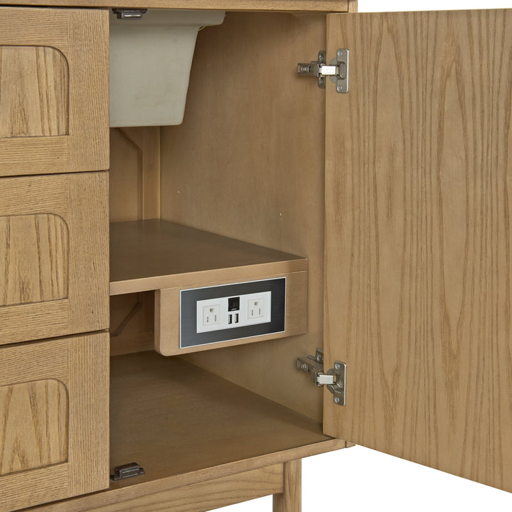 Laurent 60" Double Vanity, Light Natural Oak, w/ 3 CM Ethereal Noctis Quartz Top w/FreePower Wireless Charger