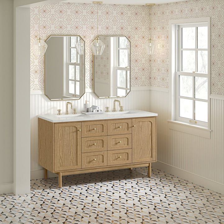 Laurent 60" Double Vanity, Light Natural Oak, w/ 3 CM Lime Delight Quartz Top