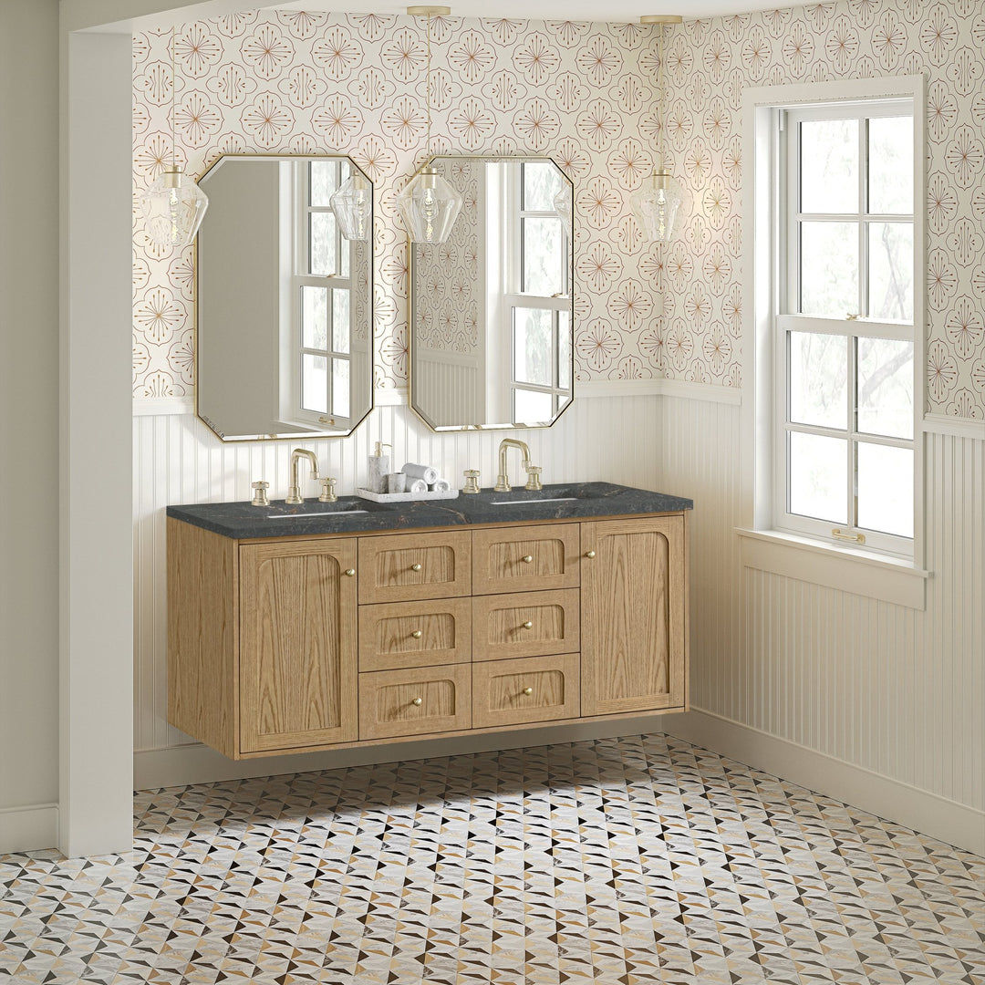 Laurent 60" Double Vanity, Light Natural Oak, w/ 3 CM Parisien Bleu Quartz Top
