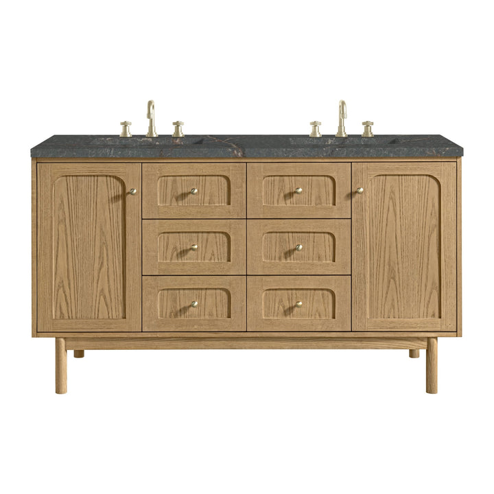 Laurent 60" Double Vanity, Light Natural Oak, w/ 3 CM Parisien Bleu Quartz Top w/FreePower Wireless Charger