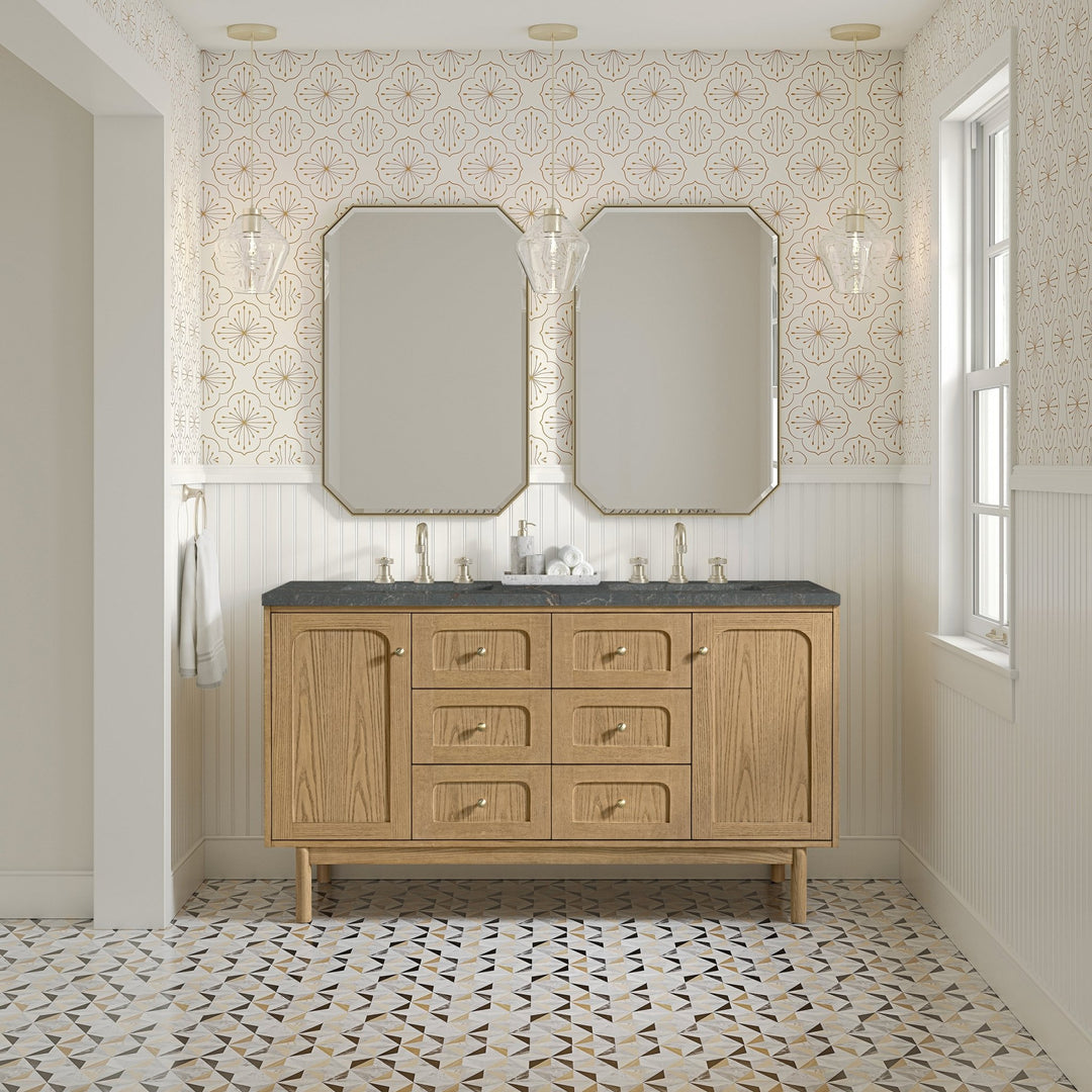 Laurent 60" Double Vanity, Light Natural Oak, w/ 3 CM Parisien Bleu Quartz Top w/FreePower Wireless Charger