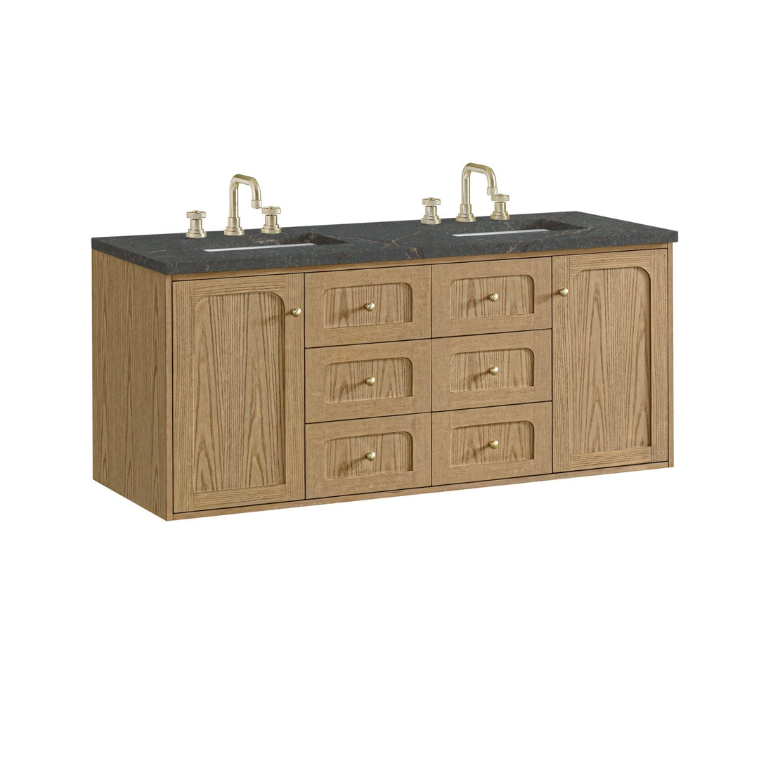 Laurent 60" Double Vanity, Light Natural Oak, w/ 3 CM Parisien Bleu Quartz Top w/FreePower Wireless Charger