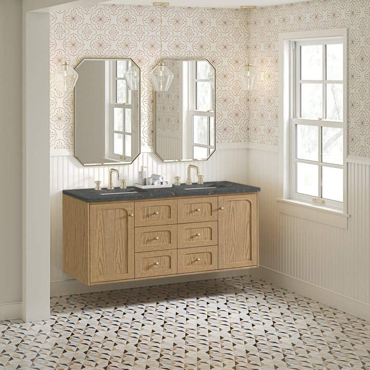 Laurent 60" Double Vanity, Light Natural Oak, w/ 3 CM Parisien Bleu Quartz Top w/FreePower Wireless Charger