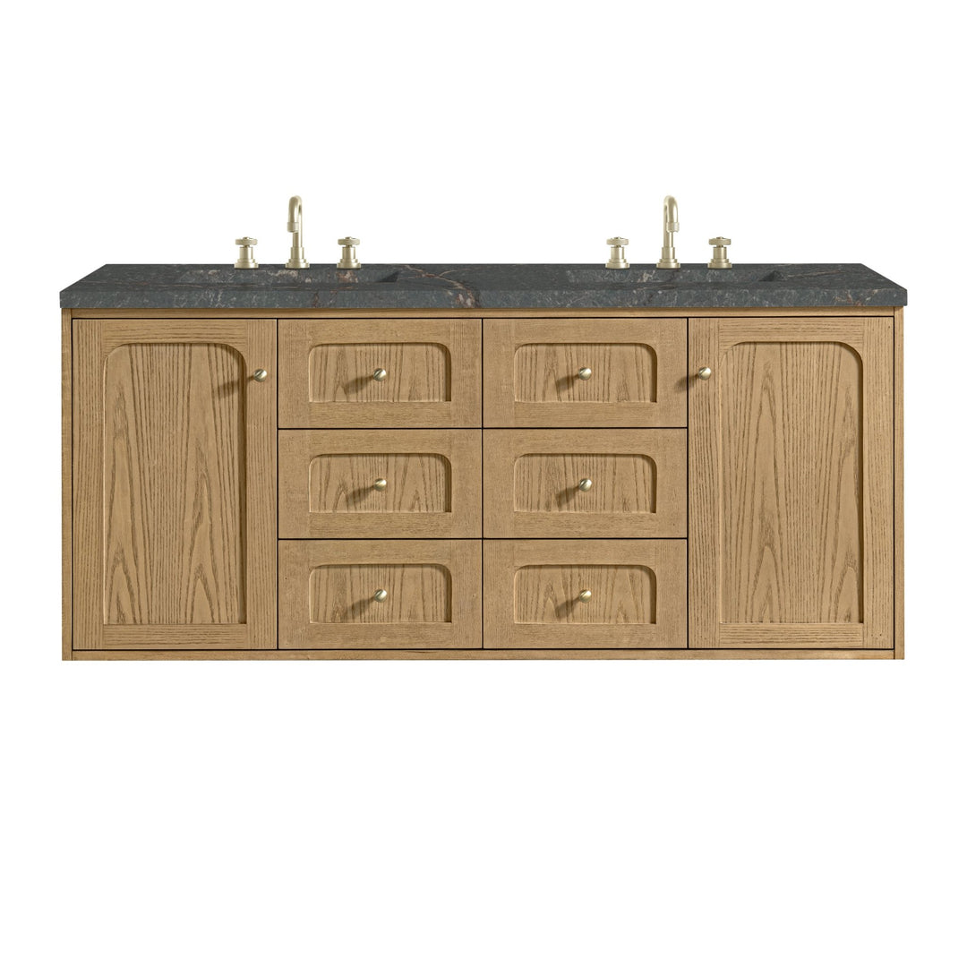 Laurent 60" Double Vanity, Light Natural Oak, w/ 3 CM Parisien Bleu Quartz Top w/FreePower Wireless Charger