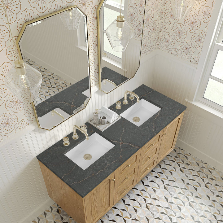 Laurent 60" Double Vanity, Light Natural Oak, w/ 3 CM Parisien Bleu Quartz Top w/FreePower Wireless Charger