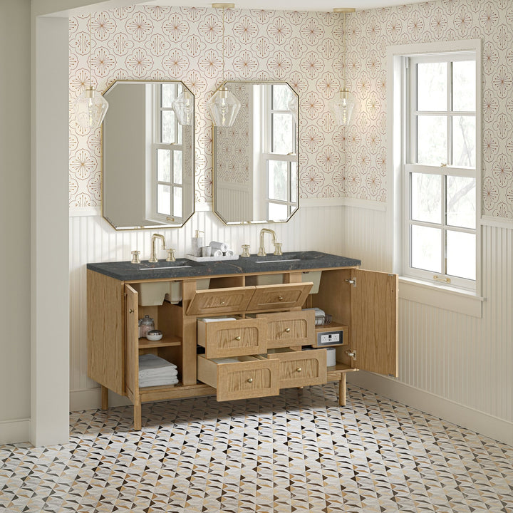 Laurent 60" Double Vanity, Light Natural Oak, w/ 3 CM Parisien Bleu Quartz Top w/FreePower Wireless Charger
