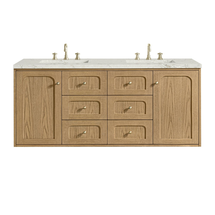 Laurent 60" Double Vanity, Light Natural Oak, w/ 3 CM Victorian Silver Quartz Top
