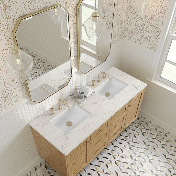 Laurent 60" Double Vanity, Light Natural Oak, w/ 3 CM Victorian Silver Quartz Top w/FreePower Wireless Charger