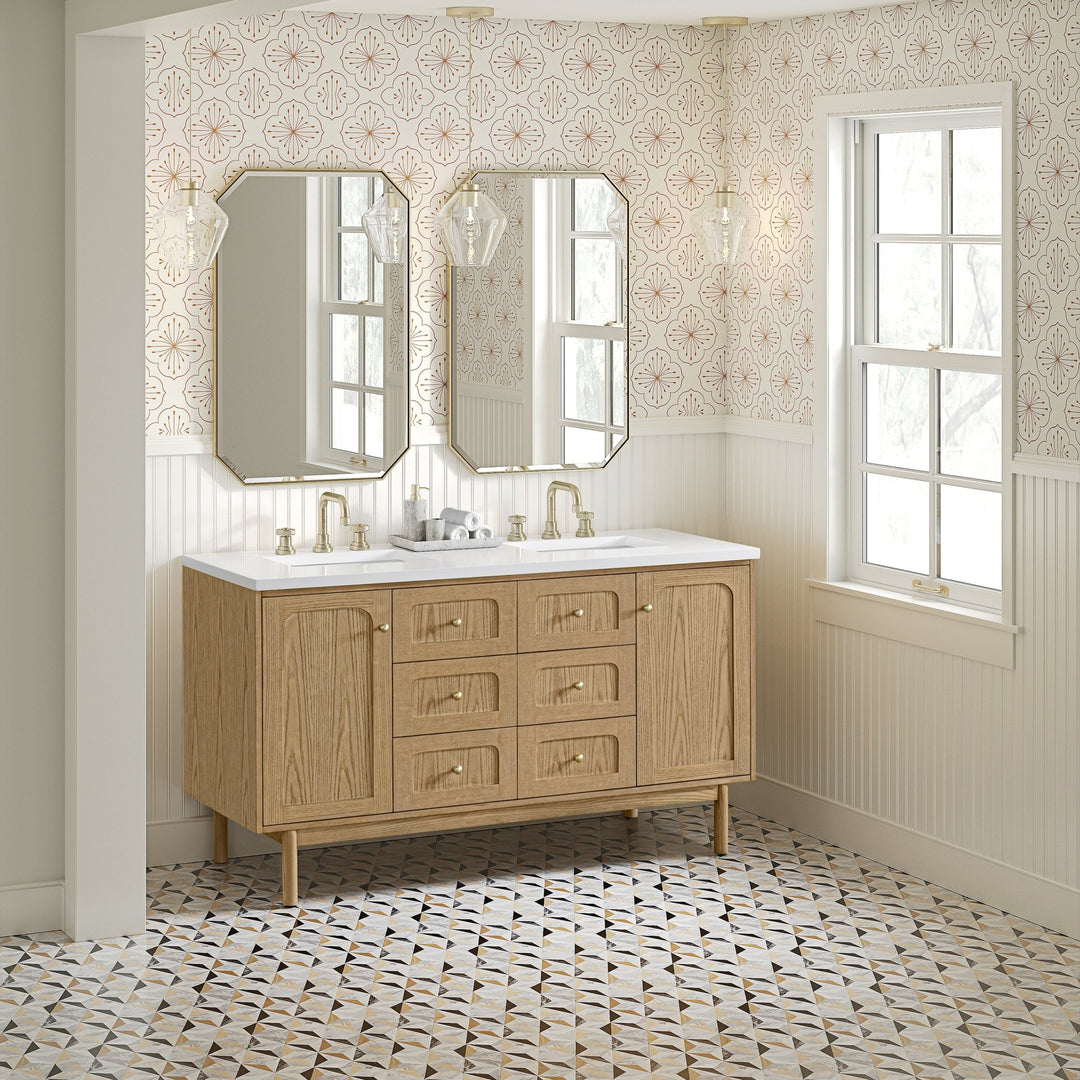 Laurent 60" Double Vanity, Light Natural Oak, w/ 3 CM White Zeus Quartz Top